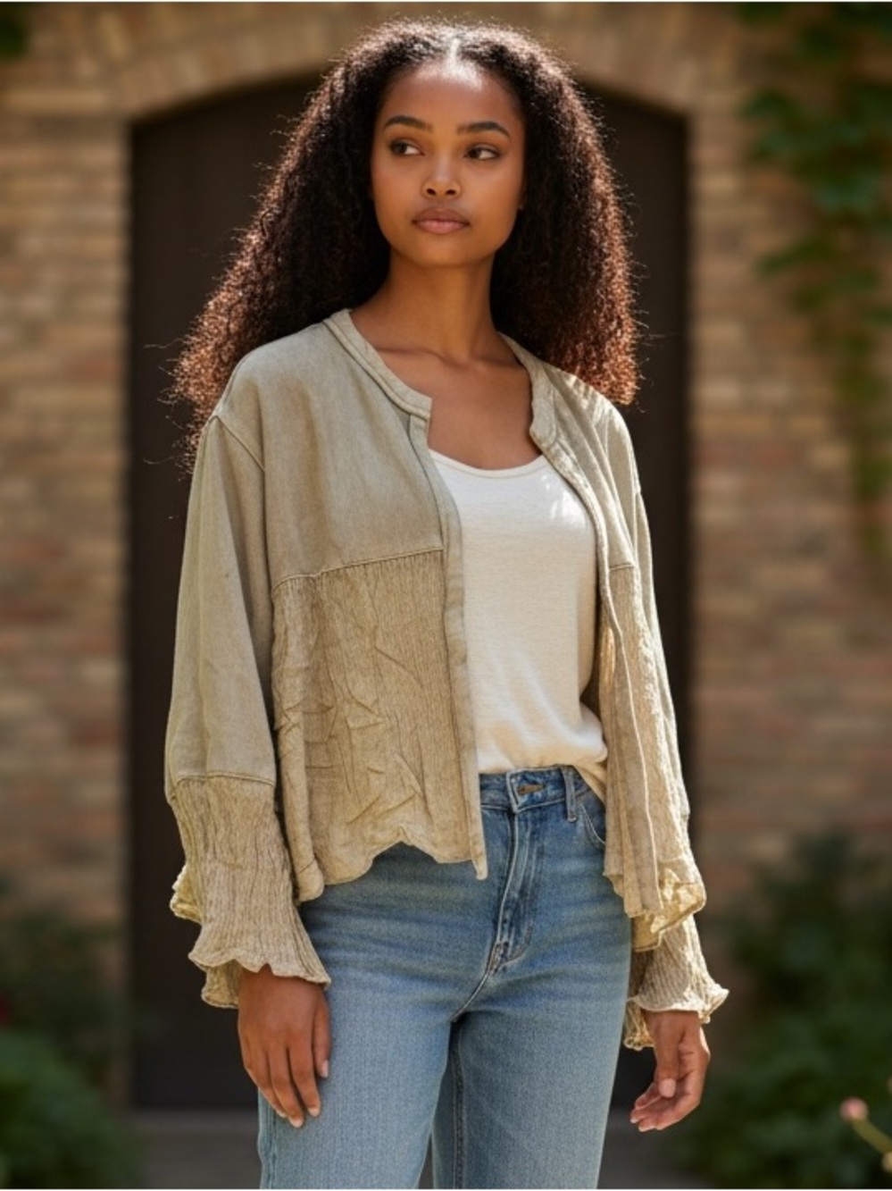 “The Burke” Two-Tone Light Taupe Cropped Cardigan Sweater